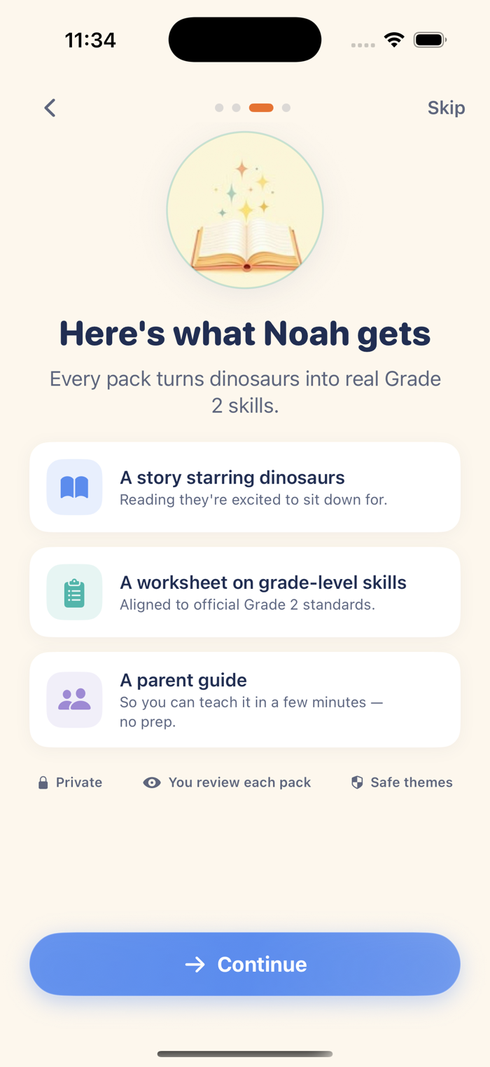 Onboarding screen: Here's what Noah gets — a story, a worksheet, and a parent guide
