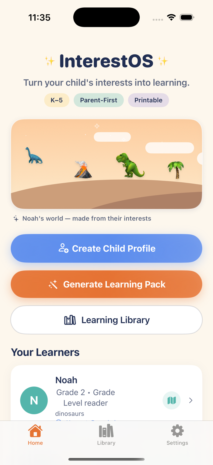 InterestOS home screen showing a personalized learning world made from a child's interests