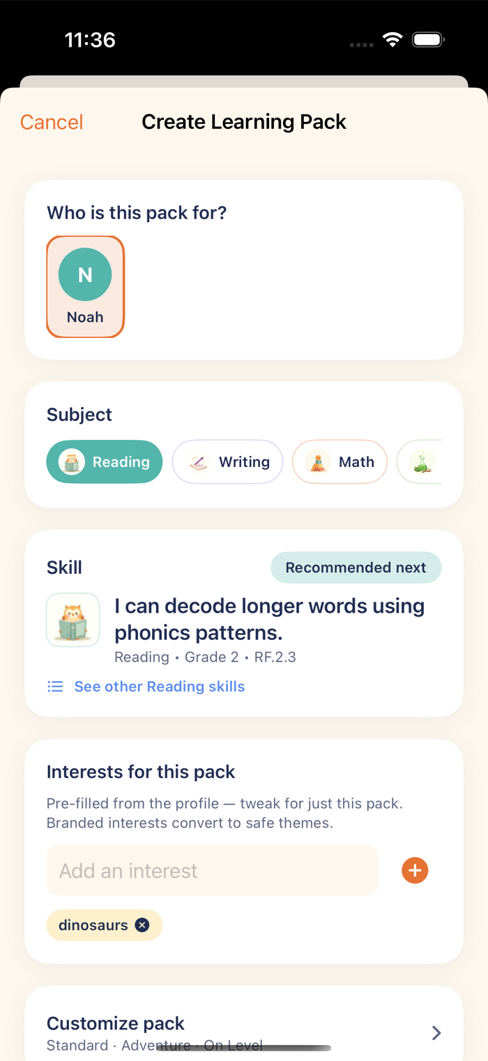 Create Learning Pack screen showing subject picker and a matched grade-2 reading standard