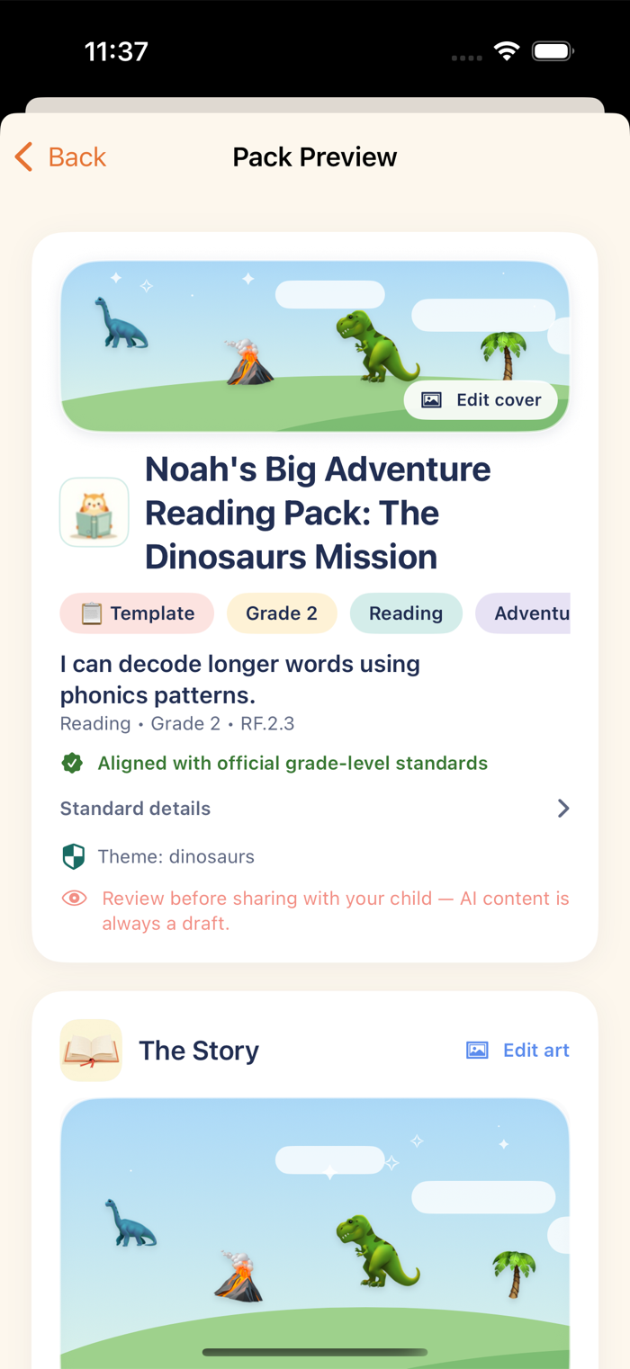 Generated pack preview: Noah's Big Adventure Reading Pack, aligned with official grade-level standards