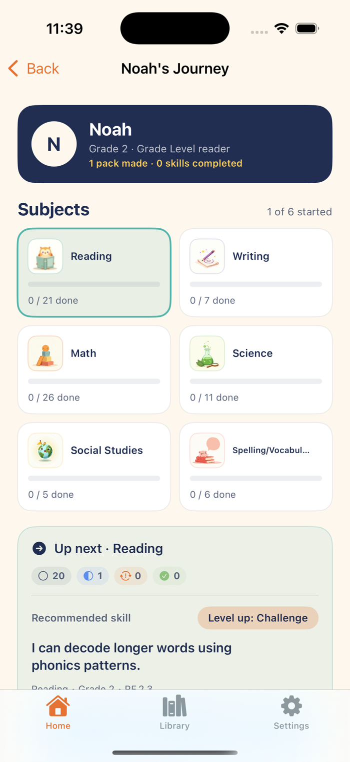 Noah's Journey progress dashboard showing all six subjects and an up-next skill